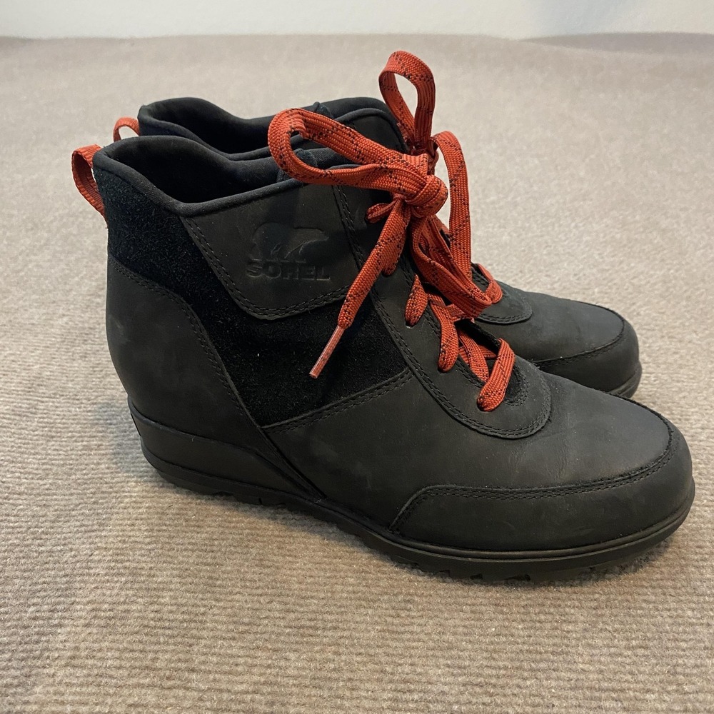Sorel Boots Womens Size 7.5 Black Leather Wedge Ankle Lace Up Booties NL4902-010